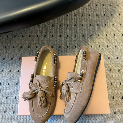 MIUMIU 26S TASSEL LOAFERS IN TAUPE BROWN SUEDE