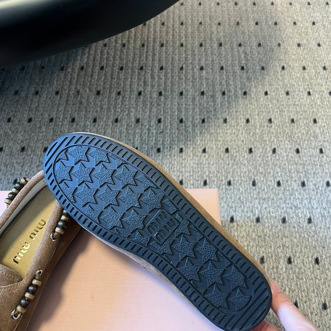MIUMIU 26S TASSEL LOAFERS IN TAUPE BROWN SUEDE