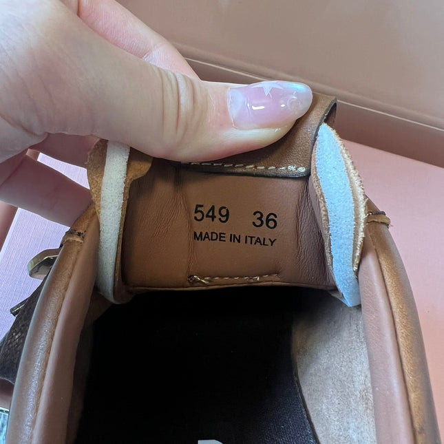 MIUMIU 26S GYMNASIUM SNEAKER IN COGNAC BROWN CALFSKIN WITH GOLD BUCKLED STRAP