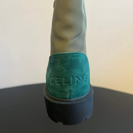 CELINE 26S LACE-UP ANKLE BOOTS IN TEAL GREEN SUEDE AND GRAYISH GREEN LAMBSKIN