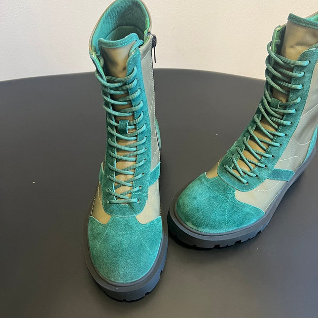 CELINE 26S LACE-UP ANKLE BOOTS IN TEAL GREEN SUEDE AND GRAYISH GREEN LAMBSKIN