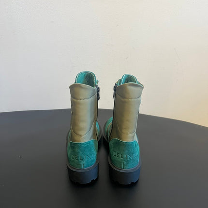 CELINE 26S LACE-UP ANKLE BOOTS IN TEAL GREEN SUEDE AND GRAYISH GREEN LAMBSKIN