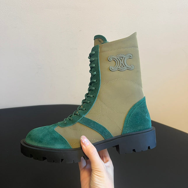 CELINE 26S LACE-UP ANKLE BOOTS IN TEAL GREEN SUEDE AND GRAYISH GREEN LAMBSKIN