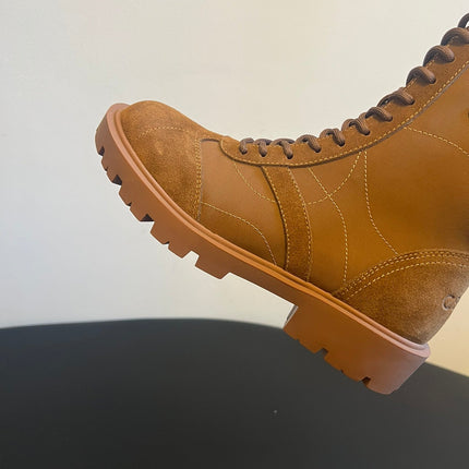 CELINE 26S LACE-UP ANKLE BOOTS IN BROWN SUEDE AND CANVAS