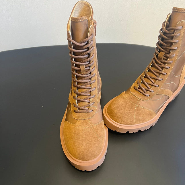 CELINE 26S LACE-UP ANKLE BOOTS IN BROWN SUEDE AND CANVAS