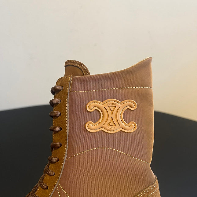 CELINE 26S LACE-UP ANKLE BOOTS IN BROWN SUEDE AND CANVAS