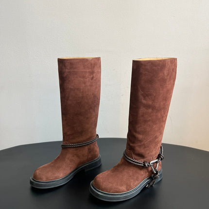 BOTTEGA VENETA 26S TALL BOOTS IN BROWN SUEDE