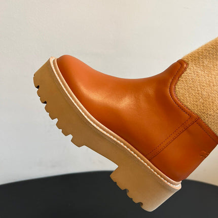 CELINE 26S HIGH-TOP BOOTS 60 MM IN ORANGE BROWN CALFSKIN AND BEIGE WOOL