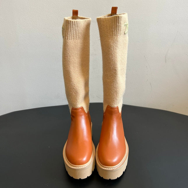 CELINE 26S HIGH-TOP BOOTS 60 MM IN ORANGE BROWN CALFSKIN AND BEIGE WOOL
