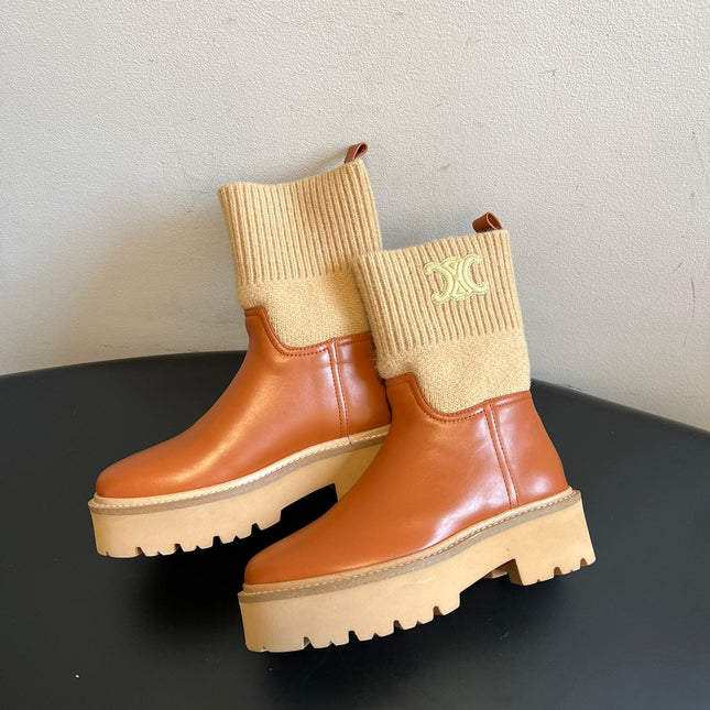 CELINE 26S ANKLE BOOTS 60 MM IN ORANGE BROWN CALFSKIN AND BEIGE WOOL