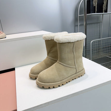 MIUMIU 25S BOOTIES IN DARK BEIGE SUEDE AND SHEARLING