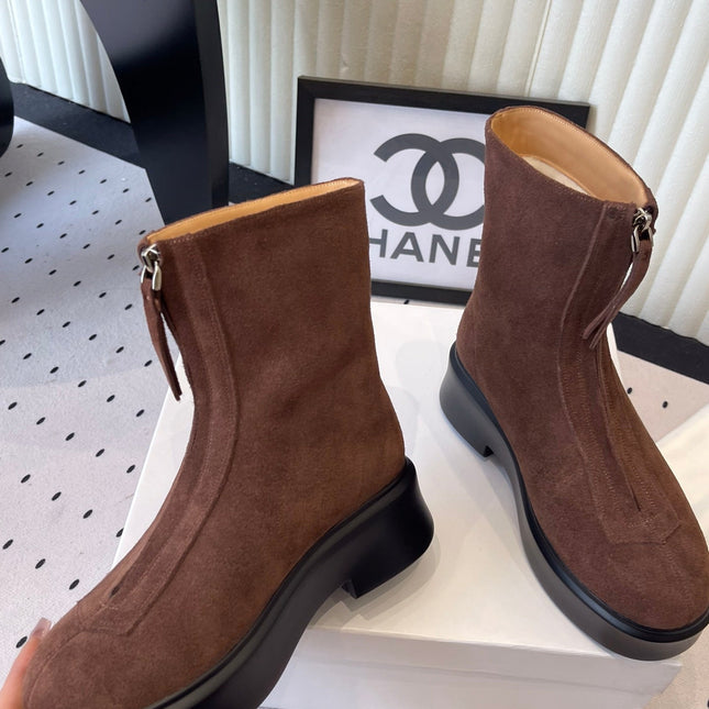 THE ROW ZIPPED ANKLE BOOT IN CHOCOLATE BROWN SUEDE