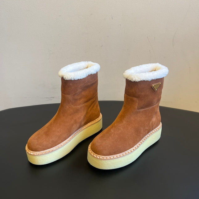 PRADA 25S ANKLE BOOTS 40 MM IN BROWN SUEDE SHEARLING-LINED