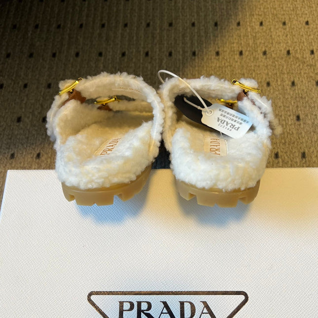 PRADA 25S TWO-STRAP SANDALS IN BROWN SUEDE AND WHITE SHEARLING WITH GOLD HARDWARE