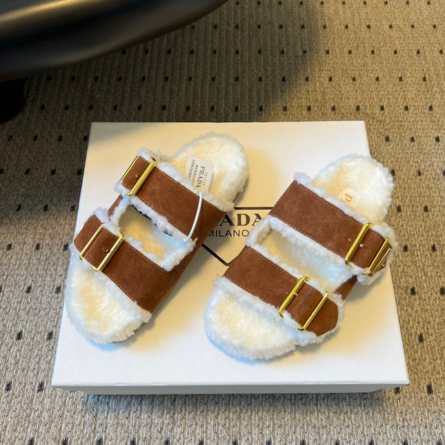 PRADA 25S TWO-STRAP SANDALS IN BROWN SUEDE AND WHITE SHEARLING WITH GOLD HARDWARE