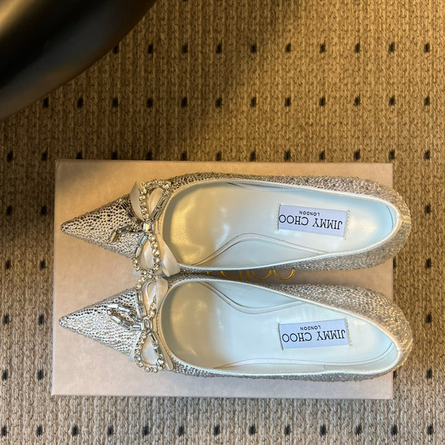JIMMY CHOO 26S HIGH HEELS 70 MM IN WHITE CRYSTAL WITH BOW