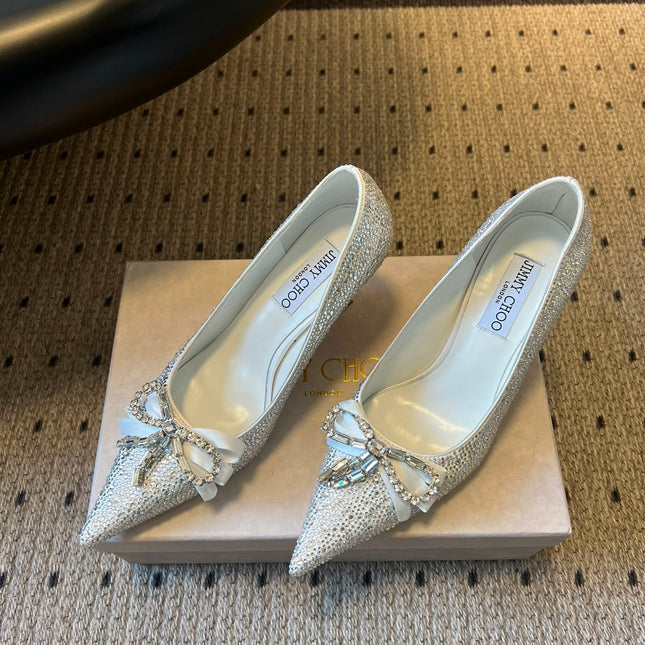 JIMMY CHOO 26S HIGH HEELS 70 MM IN WHITE CRYSTAL WITH BOW