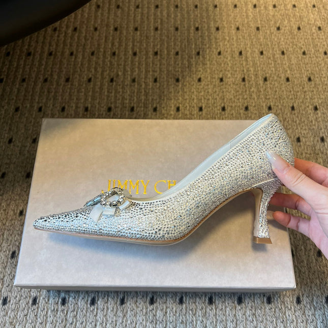 JIMMY CHOO 26S HIGH HEELS 70 MM IN WHITE CRYSTAL WITH BOW