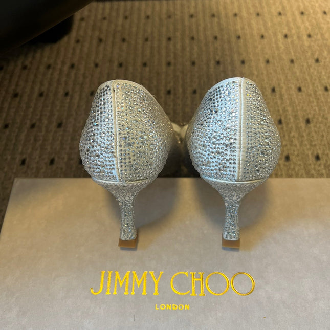 JIMMY CHOO 26S HIGH HEELS 70 MM IN WHITE CRYSTAL WITH BOW