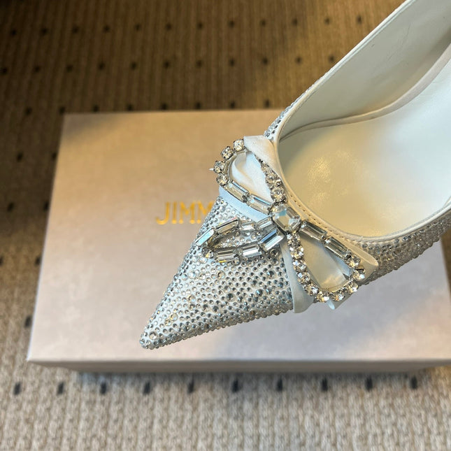 JIMMY CHOO 26S HIGH HEELS 70 MM IN WHITE CRYSTAL WITH BOW