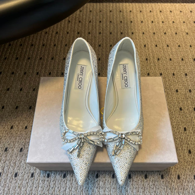 JIMMY CHOO 26S HIGH HEELS 70 MM IN WHITE CRYSTAL WITH BOW