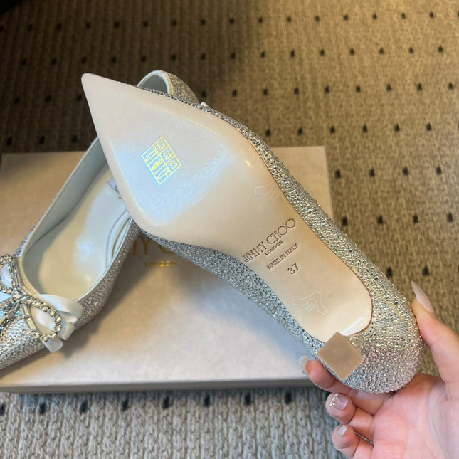 JIMMY CHOO 26S HIGH HEELS 70 MM IN WHITE CRYSTAL WITH BOW