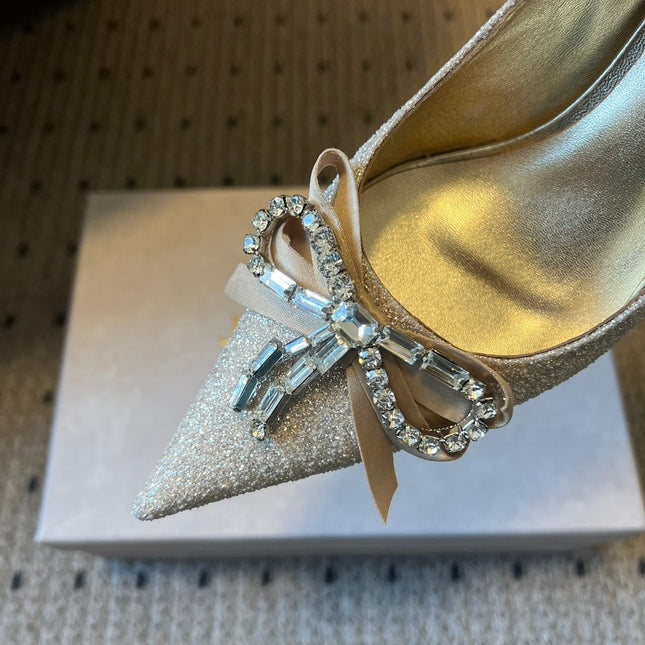 JIMMY CHOO 26S HIGH HEELS 70 MM IN PLATINUM ICE GLITTER FABRIC WITH BOW