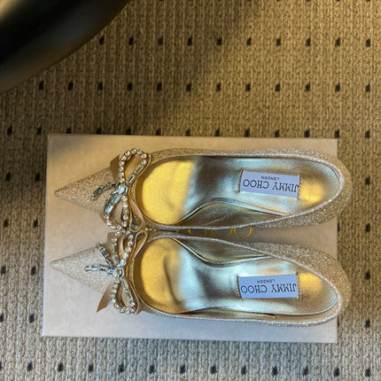 JIMMY CHOO 26S HIGH HEELS 70 MM IN PLATINUM ICE GLITTER FABRIC WITH BOW