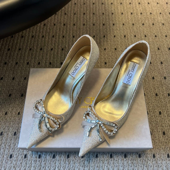 JIMMY CHOO 26S HIGH HEELS 70 MM IN PLATINUM ICE GLITTER FABRIC WITH BOW