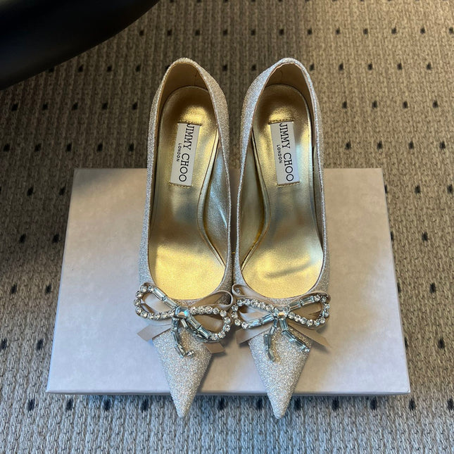 JIMMY CHOO 26S HIGH HEELS 70 MM IN PLATINUM ICE GLITTER FABRIC WITH BOW
