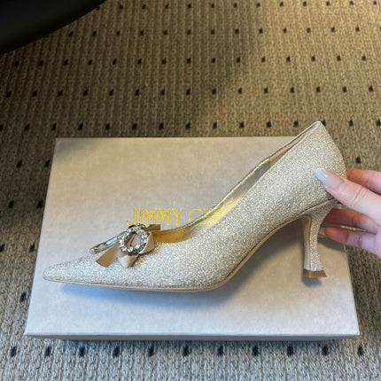 JIMMY CHOO 26S HIGH HEELS 70 MM IN PLATINUM ICE GLITTER FABRIC WITH BOW