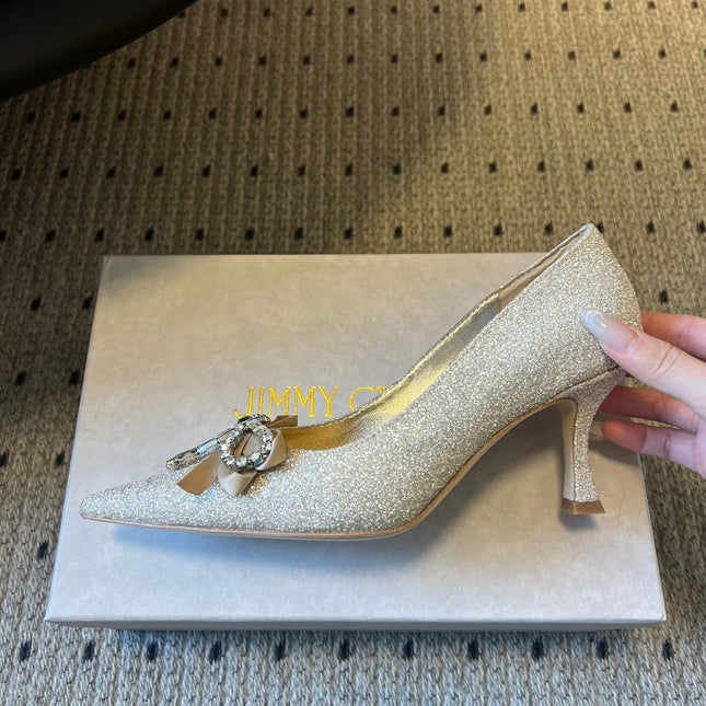 JIMMY CHOO 26S HIGH HEELS 70 MM IN PLATINUM ICE GLITTER FABRIC WITH BOW