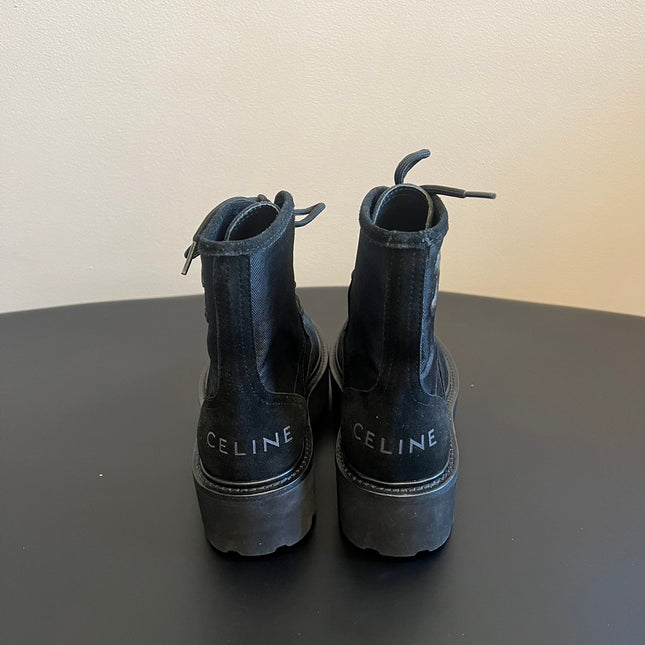 CELINE 26S MARGARET COMBAT BOOT 45 MM IN BLACK CANVAS AND SUEDE
