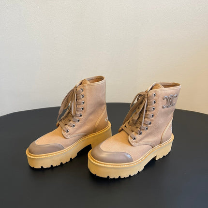 CELINE 26S BULKY LACE-UP BOOTS 45 MM IN SAND BEIGE CANVAS AND CALFSKIN