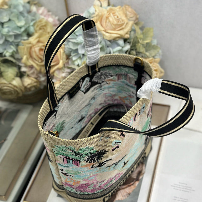 DIOR 26S BOOK TOTE BAG 25 IN MUTICOLOR RAFFIA