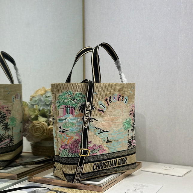 DIOR 26S BOOK TOTE BAG 34 IN MUTICOLOR RAFFIA