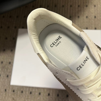 CELINE 26S RACER SNEAKERS IN WHITE SUEDE AND BEIGE GRAY FABRIC