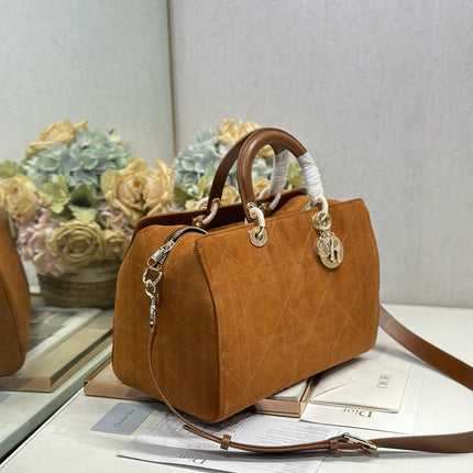 DIOR 26S LADY BAG 34 IN LIGHT BROWN SUEDE