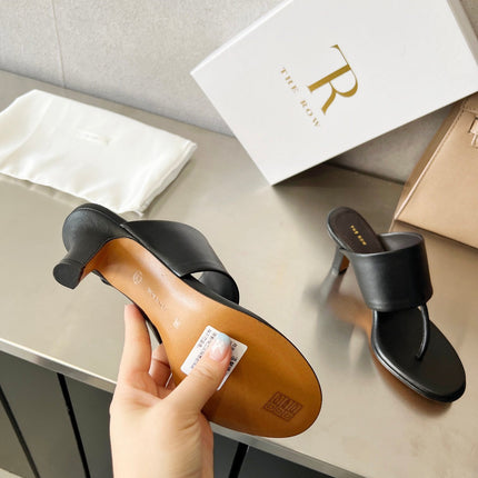 THE ROW 26S HEELED THONG MULES 60MM IN BLACK CALFSKIN
