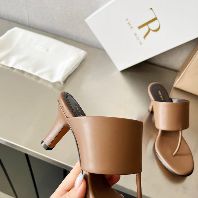 THE ROW 26S HEELED THONG MULES 60MM IN BROWN CALFSKIN