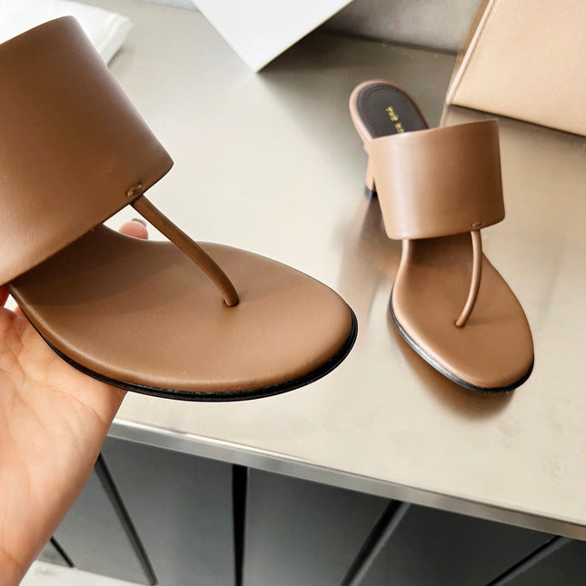 THE ROW 26S HEELED THONG MULES 60MM IN BROWN CALFSKIN