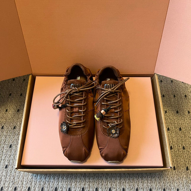 MIUMIU 26S SNEAKERS IN CHOCOLATE BROWN PLUME SATIN