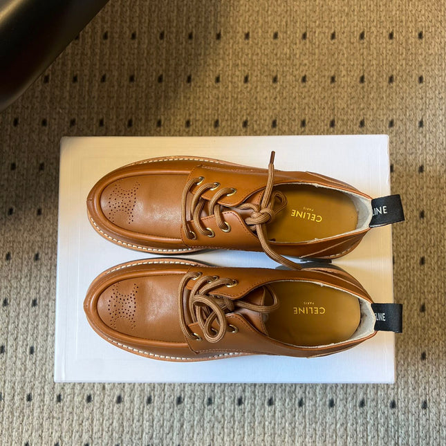 CELINE 26S LACE-UP LOAFERS IN BROWN CALFSKIN