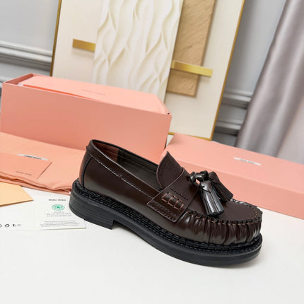 MIUMIU 26S TASSEL LOAFERS IN DARK BROWN CALFSKIN