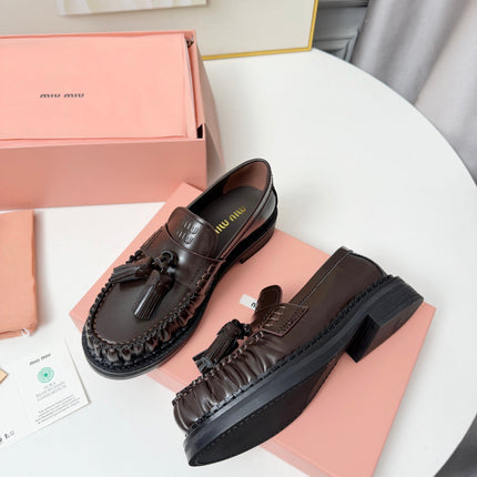 MIUMIU 26S TASSEL LOAFERS IN DARK BROWN CALFSKIN