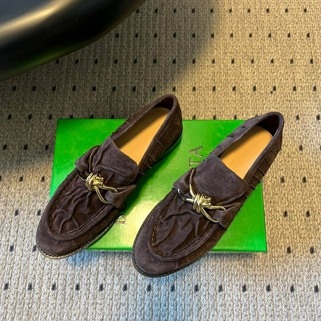 BOTTEGA VENETA 26S LOAFERS IN DARK BROWN SUEDE WITH GOLD HARDWARE