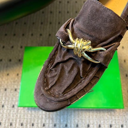 BOTTEGA VENETA 26S LOAFERS IN DARK BROWN SUEDE WITH GOLD HARDWARE