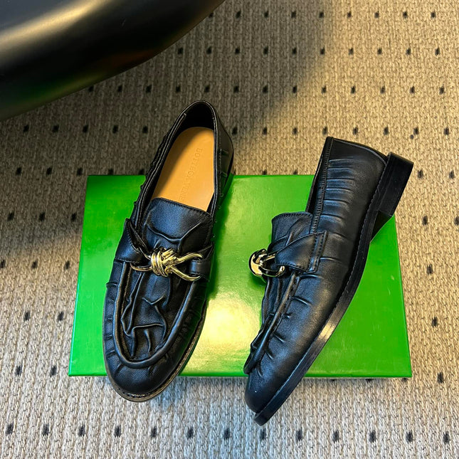 BOTTEGA VENETA 26S LOAFERS IN BLACK LAMBSKIN WITH GOLD HARDWARE