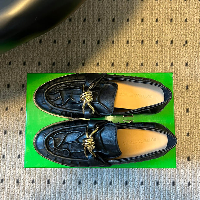 BOTTEGA VENETA 26S LOAFERS IN BLACK LAMBSKIN WITH GOLD HARDWARE