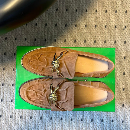 BOTTEGA VENETA 26S LOAFERS IN BROWN SUEDE WITH GOLD HARDWARE